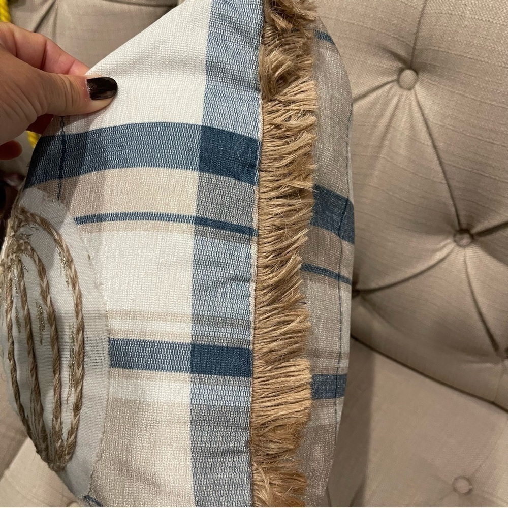 3D Jute Plaid Long Decorating Pillow 26”x15” Blue White Tan - Picture 3 of 7